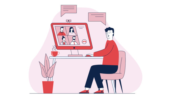 Man talking via online videoconference vector illustration