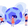 Tiny people, active kids in camp playing sports outside and big football. Sport summer camp, multi sports camp, active summer time concept. Pinkish coral bluevector isolated illustration