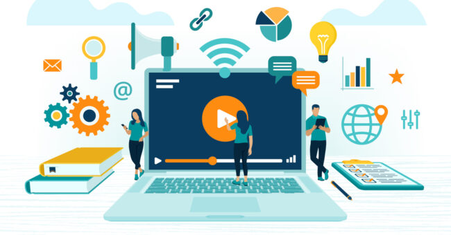 Webinar. Internet conference. Web based seminar. Distance Learning. E-learning concept with icons and characters. Video tutorials. Online courses. Workplace and working on laptop. Vector illustration.